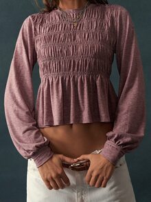 Bohemela Kaos Wanita Polos Leher Bulat Lengan Panjang Berkerut Kasual Romantis Kencan Ungu Mauve Musim Gugur - Purple - View 1