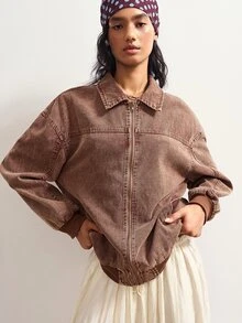 Bohemela Casual Solid Color Woven Women's Jacket - Brown - View 3