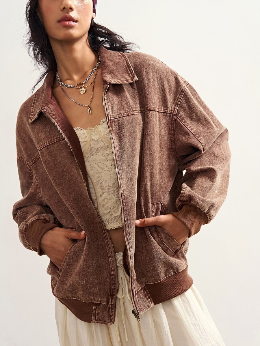 Bohemela Casual Solid Color Woven Women's Jacket - Brown - View 1
