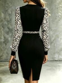Balvessa Autumn/Winter New Elegant Black Leopard Print Patchwork Round Neck Long Sleeve Maxi Dress - Black - View 2
