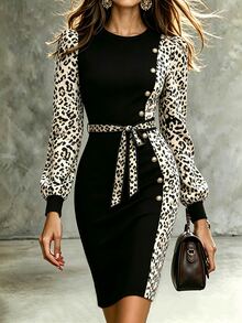 Balvessa Autumn/Winter New Elegant Black Leopard Print Patchwork Round Neck Long Sleeve Maxi Dress - Black - View 1