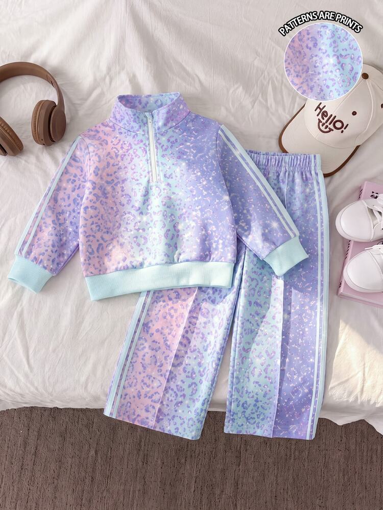 SHEIN Playful Pals 2pcs Toddler Girl Sweatshirt Pants Cute Sweet Pink Purple Leopard Print Gradient Long Sleeve Half Zipper Birthday Party Fall Holiday Christmas Striped - Multicolor - View 1