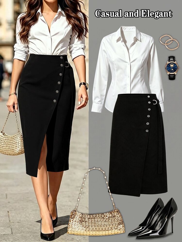 Velvienne Plus Size Elegant Versatile Button Business Slit Skirt Fall - Black - View 1