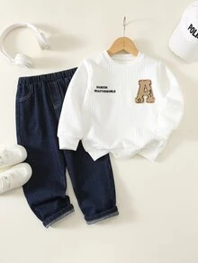 SHEIN 兒童 2件組 小男孩可愛白色秋季運動衫與藍色牛仔運動套裝，返校季 - 彩色 - 查看 4