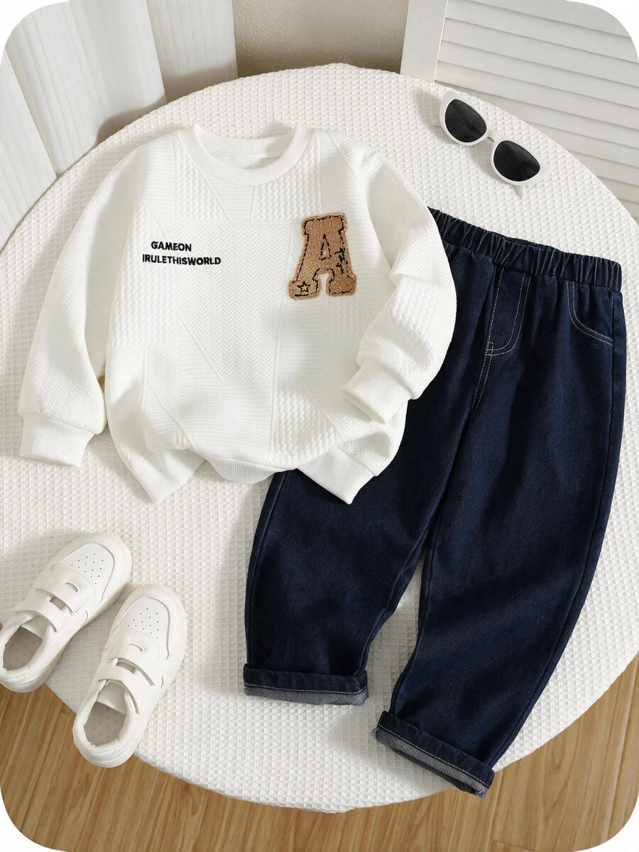 SHEIN Kids 2pcs/Set Young Boy Cute White Autumn Sweatshirt & Blue Denim Tracksuit,Back-To-School - Multicolor - View 1