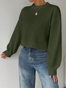 Elyressa Tropiluxe Women's Solid Color Simple Casual Crew Neck Long Sleeve White Sweater - Army Green - View 6