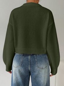 Elyressa Tropiluxe Women's Solid Color Simple Casual Crew Neck Long Sleeve White Sweater - Army Green - View 2