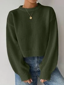 Elyressa Tropiluxe Women's Solid Color Simple Casual Crew Neck Long Sleeve White Sweater - Army Green - View 3