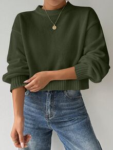 Elyressa Tropiluxe Women's Solid Color Simple Casual Crew Neck Long Sleeve White Sweater - Army Green - View 5
