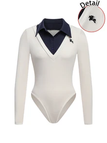 Zavorell New Long Sleeve 2 In 1 Denim Shirt Collar Patchwork Black Embroidery Front Women's Bodysuit - Apricot - View 4