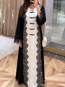 Al Najma Gaun Arab Wanita Ukuran Besar, Kasual Minimalis, Blok Warna, Satu Kancing, Hiasan Renda, Leher V, Lengan Panjang, Potongan Longgar, Pas Reguler, Musim Semi dan Gugur - MultiWarna - View 1