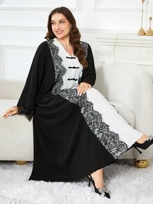 Al Najma Gaun Arab Wanita Ukuran Besar, Kasual Minimalis, Blok Warna, Satu Kancing, Hiasan Renda, Leher V, Lengan Panjang, Potongan Longgar, Pas Reguler, Musim Semi dan Gugur - MultiWarna - View 7