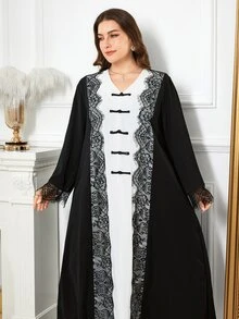 Al Najma Gaun Arab Wanita Ukuran Besar, Kasual Minimalis, Blok Warna, Satu Kancing, Hiasan Renda, Leher V, Lengan Panjang, Potongan Longgar, Pas Reguler, Musim Semi dan Gugur - MultiWarna - View 6