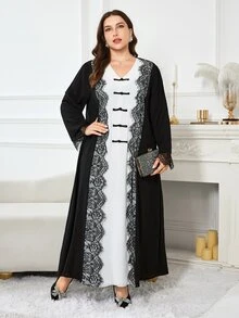 Al Najma Gaun Arab Wanita Ukuran Besar, Kasual Minimalis, Blok Warna, Satu Kancing, Hiasan Renda, Leher V, Lengan Panjang, Potongan Longgar, Pas Reguler, Musim Semi dan Gugur - MultiWarna - View 4