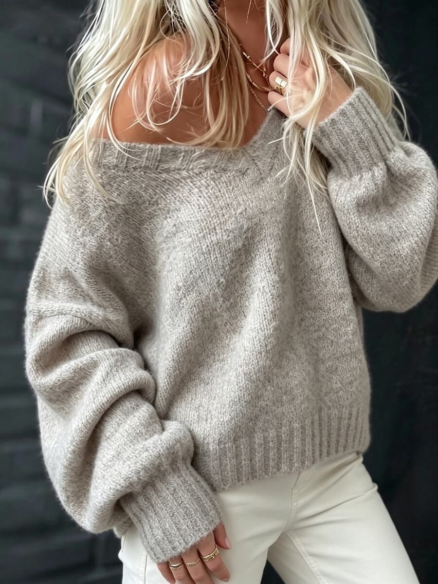 Balvessa Atasan Rajut Pendek Model Pullover Minimalis Elegan Longgar Seksi Serbaguna untuk Musim Gugur/Dingin - Krem - View 1