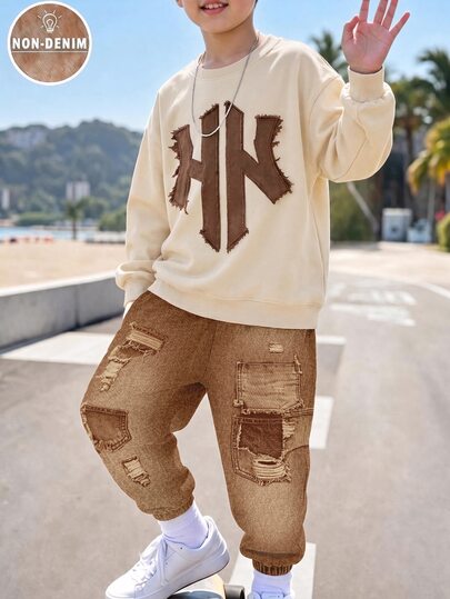 Tween Boys 2pcs Sweatshirt Set Casual Fashion Comfortable Sweatshirt Outfit Digital Print Long Sleeve Top Style Autumn Winter Wear Boys Apricot Crew Neck Sweatshirt Top And Brown Sweatpants Set