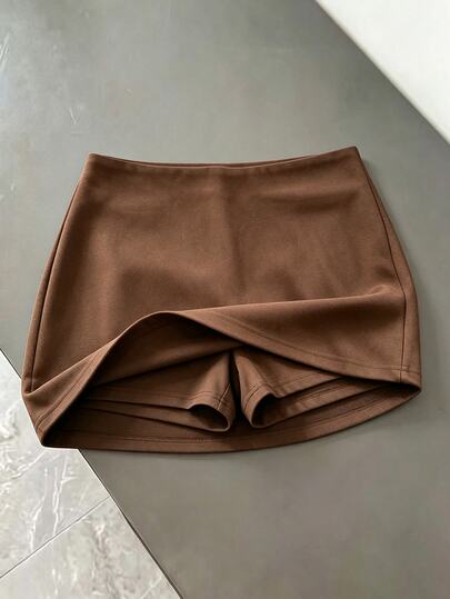 SHEIN Franclia Casual Commuter Versatile Women's Skirt, Women's Shorts, Women's Skirt-Shorts, Spring/Autumn And Autumn/Winter Skirt, Women's Bottoms, Early Autumn Outfit, Brown Shorts/Skirt, Back To School Outfit, Dating, Outing, Commuting, Casual Daily Wear, Fashion Shorts