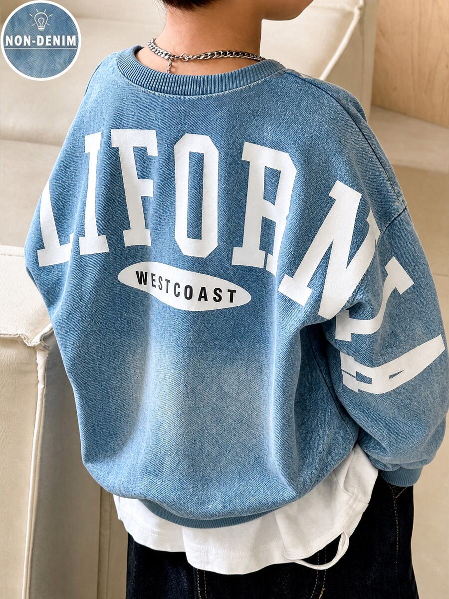男童幼兒數位印花加州英文字母時尚休閒圓領長袖衛衣上衣 - 白色 - 查看 1