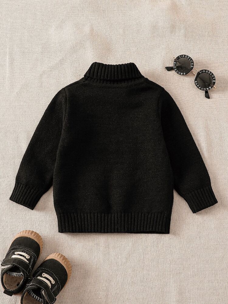 SHEIN Genkimix Kids Boy's Black Fine-Spun Cable-Knit Long-Sleeved Pullover With Small Logo - Trdy Baby Base Layer Shirt For Autumn And Winter Innerwear. One Of The Thre - Black - View 2