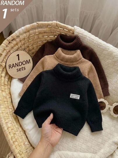 SHEIN Genkimix Kids Schwarzer fein gesponnener Zopfstrick-Pullover mit langen Ärmeln und kleinem Logo für Jungen - Trdy Baby Basisschicht-Shirt für Herbst und Winter Unterwäsche. Eines von drei