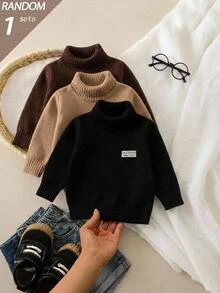 SHEIN Genkimix Kids 男童黑色細紡麻花編織長袖套頭衫，小標誌設計，Trdy Baby 秋冬保暖內搭底層上衣，三件套之一 - 黑色 - 查看 4