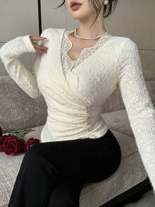 Feyla Women's Elegant Commute Solid Color Jacquard Wrap Blouse - Apricot - View 4