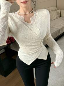 Feyla Women's Elegant Commute Solid Color Jacquard Wrap Blouse - Apricot - View 6
