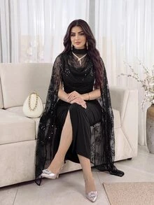 Feyla Gaun Pesta Wanita Elegan dengan Detail Lipatan dan Jala serta Ikat Pinggang - Hitam - View 6