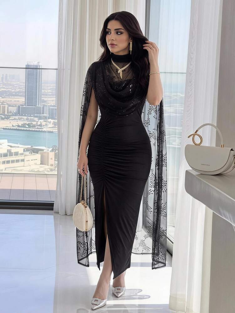 Feyla Gaun Pesta Wanita Elegan dengan Detail Lipatan dan Jala serta Ikat Pinggang - Hitam - View 1