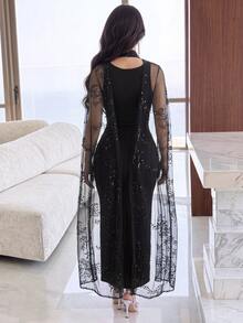 Feyla Gaun Pesta Wanita Elegan dengan Detail Lipatan dan Jala serta Ikat Pinggang - Hitam - View 3
