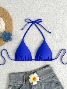 Elavelle Women's Solid Color Halter Tie Sexy Bikini Top - Royal Blue - View 8
