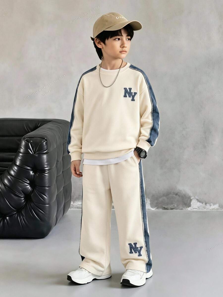 青少年男孩運動休閒英文字母印花圓領長袖衛衣與長褲套裝,保暖內裡,秋冬校園白色 - 彩色 - 查看 1