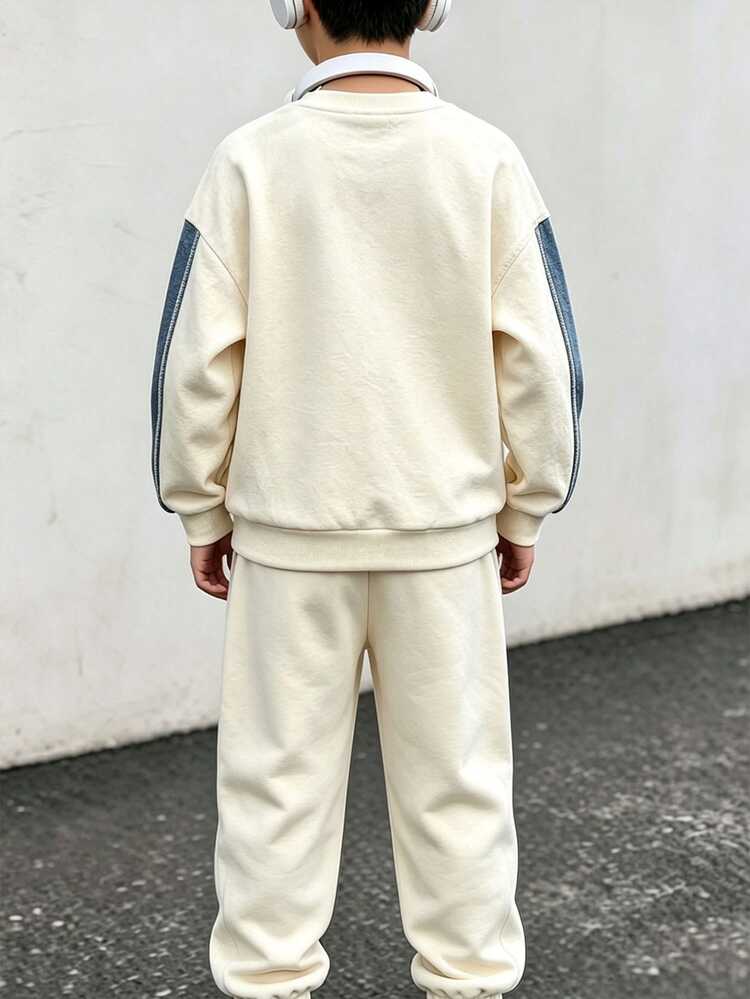 Tween Boys' Sports Casual Graphic English Letter Print Crew Neck Long Sleeve Sweatshirt And Pants Set, Thermal Lined, Autumn/Winter School White - Multicolor - View 5