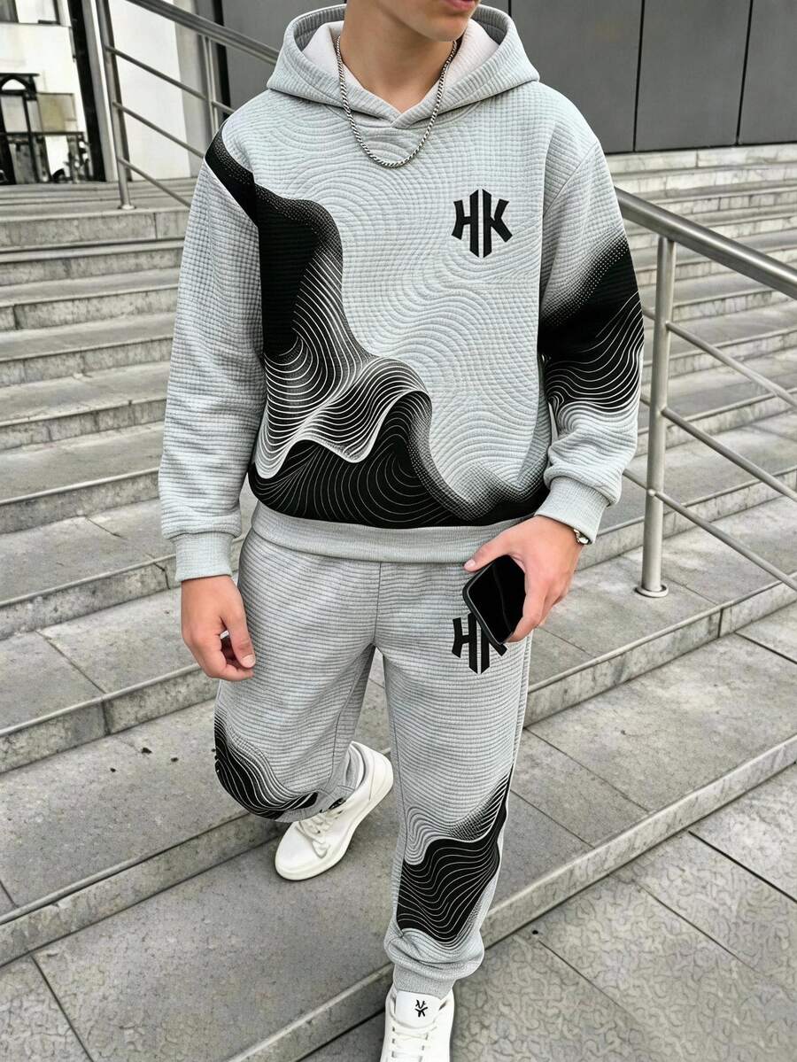 Tween Boys Casual Graphic Streetwear Fashion Minimalist Line Colorblock Print Pattern Contrast Color Autumn/Winter Hooded Sweatshirt Set School Grey - Multicolor - View 1