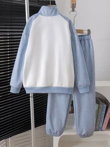 2pcs Tween Boys Sweatshirt Set Casual Graphic Blue And White Aqua Blue Letter Print Long Sleeve Mock Neck Fleece Lined Back To School Autumn Outfits - Multicolor - View 2