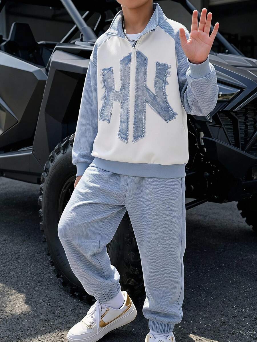 2pcs Tween Boys Sweatshirt Set Casual Graphic Blue And White Aqua Blue Letter Print Long Sleeve Mock Neck Fleece Lined Back To School Autumn Outfits - Multicolor - View 1