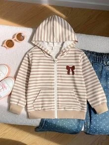 SHEIN 女童小女孩針織條紋蝴蝶結圖案連帽休閒秋季衛衣 - 彩色 - 查看 3