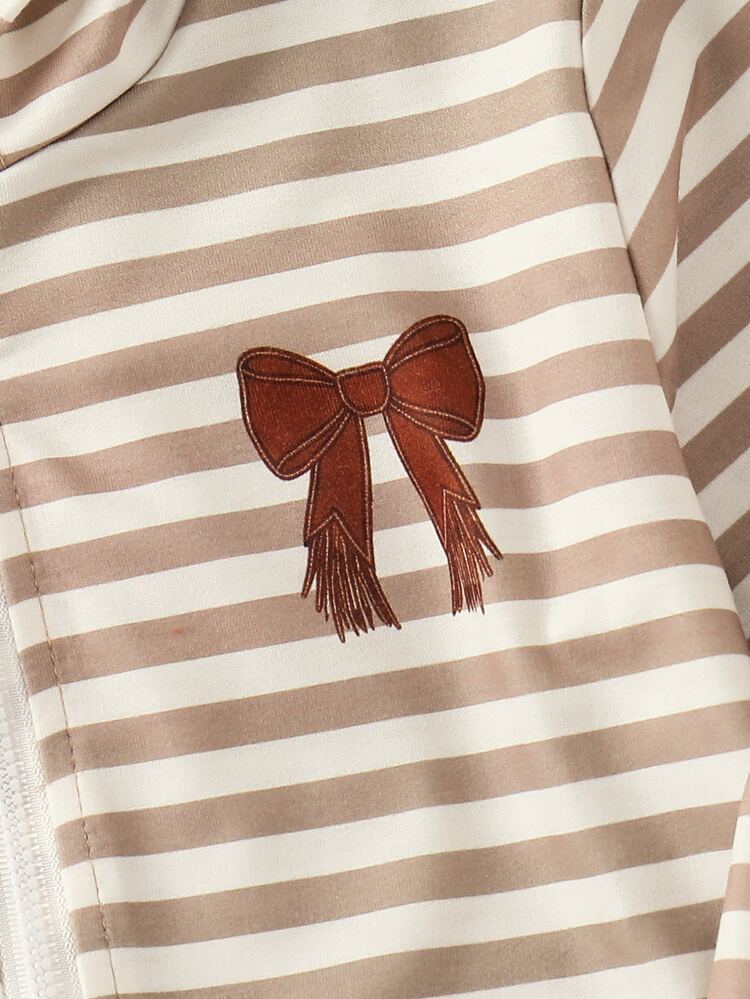 SHEIN Kids Young Girl Knitted Striped Bow Pattern Hooded Casual Autumn Sweatshirt - Multicolor - View 8