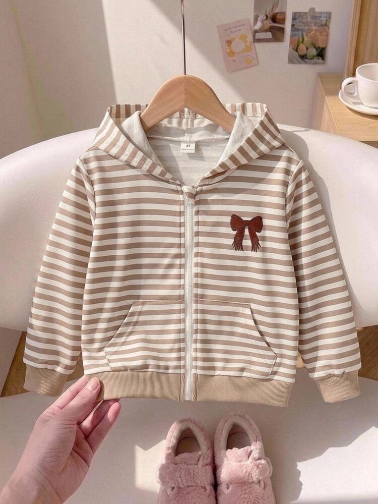 SHEIN Kids Young Girl Knitted Striped Bow Pattern Hooded Casual Autumn Sweatshirt - Multicolor - View 2