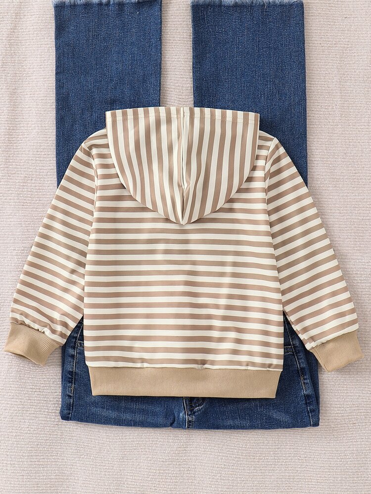 SHEIN Kids Young Girl Knitted Striped Bow Pattern Hooded Casual Autumn Sweatshirt - Multicolor - View 5