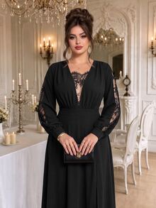 Roveilla Plus Size Black Lace Patchwork Long Evening Dress, V-Neck Long Sleeve High Waist Slit Flattering Formal Gown - Black - View 3