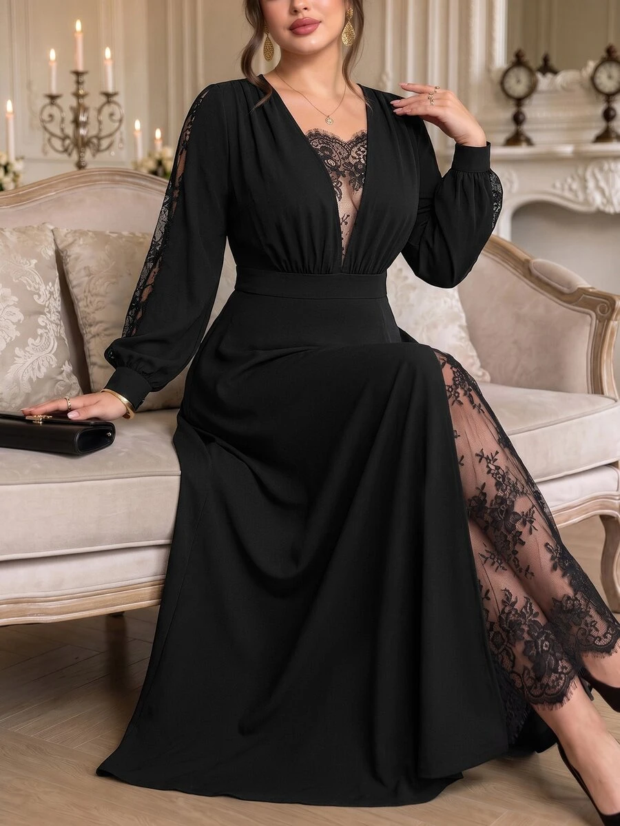Roveilla Plus Size Black Lace Patchwork Long Evening Dress, V-Neck Long Sleeve High Waist Slit Flattering Formal Gown - Black - View 1