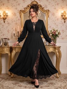 Roveilla Plus Size Black Lace Patchwork Long Evening Dress, V-Neck Long Sleeve High Waist Slit Flattering Formal Gown - Black - View 4
