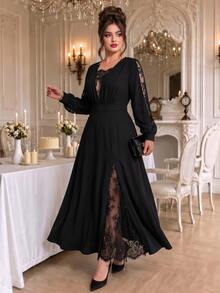 Roveilla Plus Size Black Lace Patchwork Long Evening Dress, V-Neck Long Sleeve High Waist Slit Flattering Formal Gown - Black - View 5