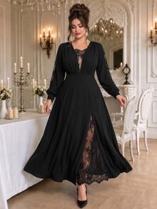 Roveilla Plus Size Black Lace Patchwork Long Evening Dress, V-Neck Long Sleeve High Waist Slit Flattering Formal Gown - Black - View 6