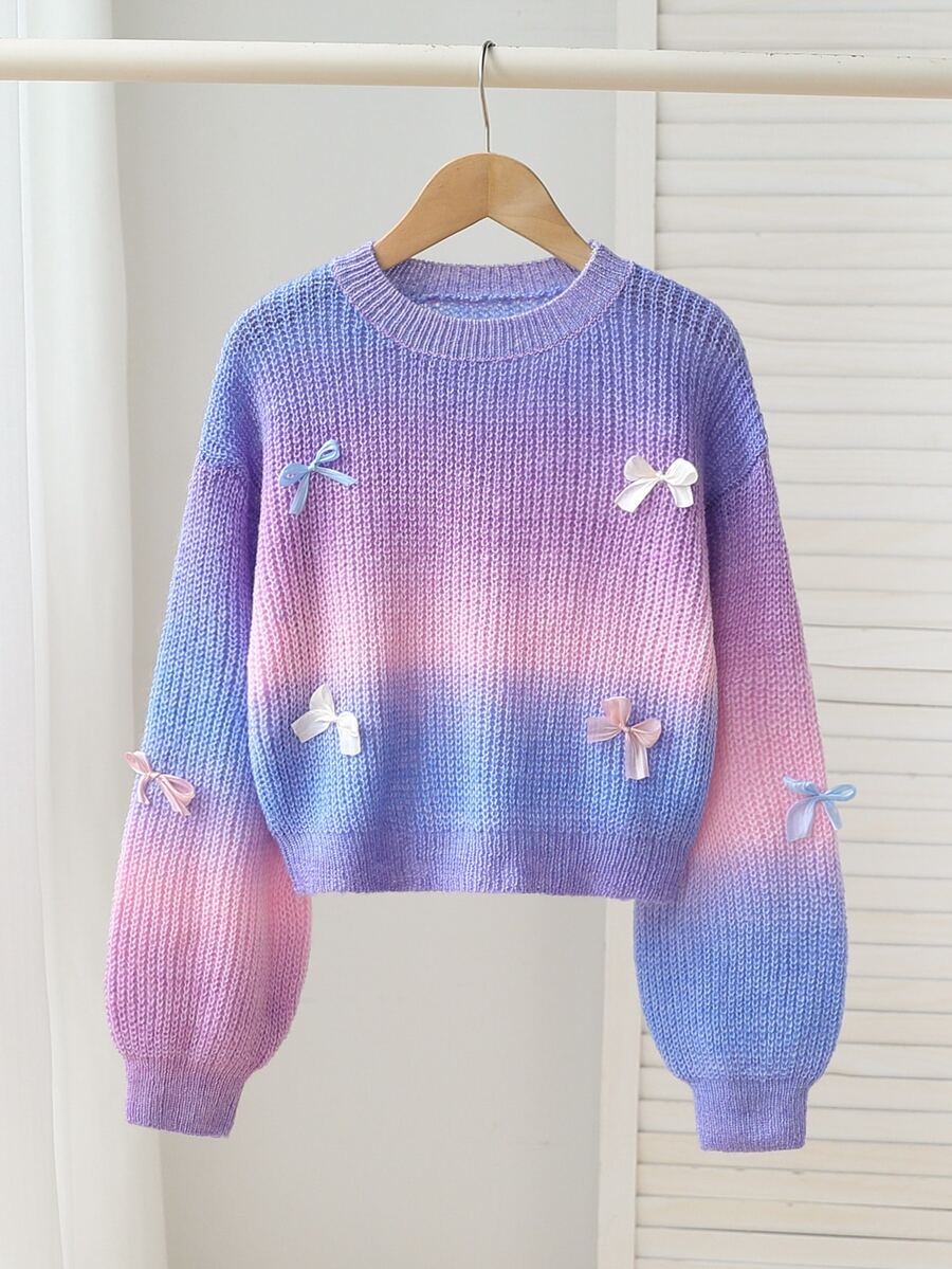 SHEIN New Fashion Versatile Cute Colorful Bow Gradient Purple-Red Pullover Sweater For Girls, Suitable For School, Parties, Ceremonies, Outings, Spring/Summer, Autumn/Winter - Multicolor - View 1
