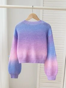 SHEIN New Fashion Versatile Cute Colorful Bow Gradient Purple-Red Pullover Sweater For Girls, Suitable For School, Parties, Ceremonies, Outings, Spring/Summer, Autumn/Winter - Multicolor - View 2