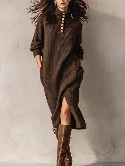 LUMIGAL Women's Solid Color Split Design Casual Party Knit Dress