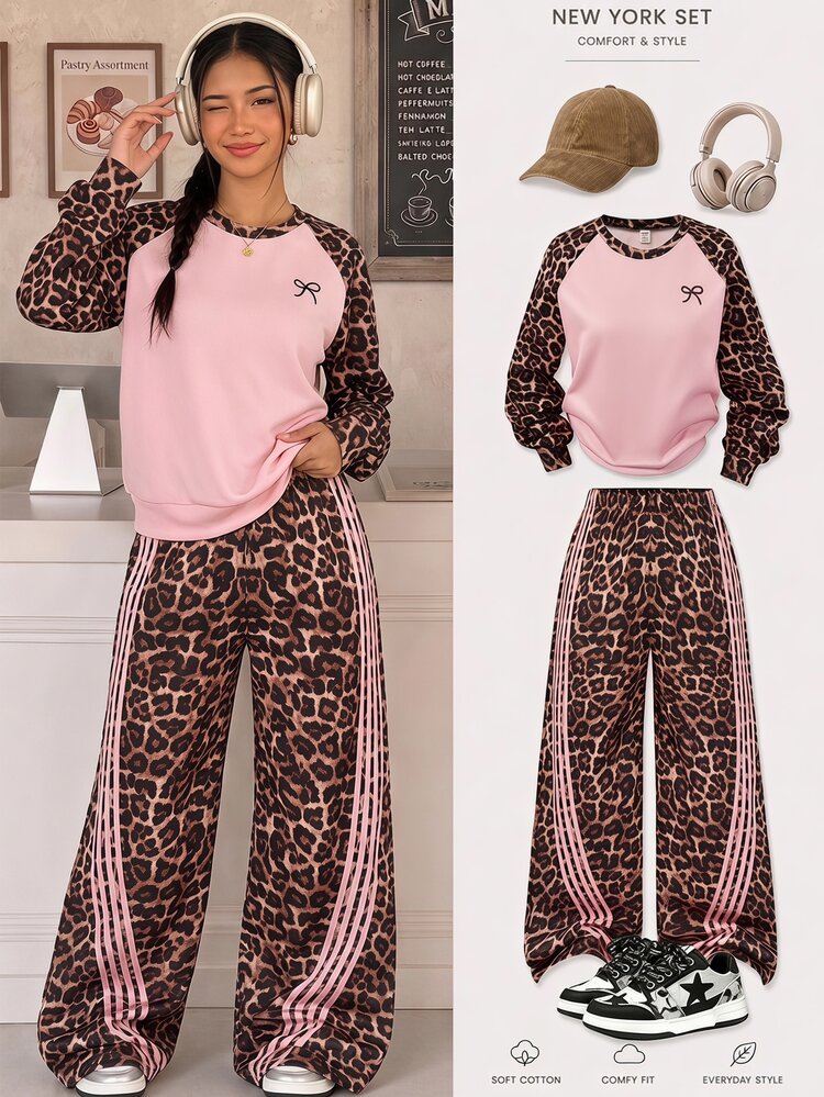 SHEIN Teen Girls Pink Brown Colorblock Raglan Sleeve Crew Neck Sweatshirt Wide Leg Sweatpants 2 Pieces Set, Bow Graphic Print Cute Sportswear Outfit Autumn - Pink - View 1