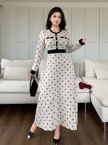 Feyla Women's Elegant Polka Dot Knit Dress, Autumn/Winter - Dusty Purple - View 5